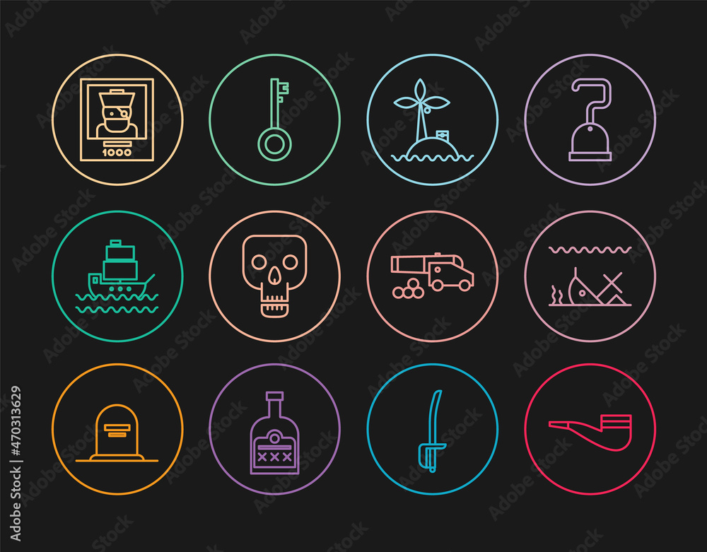 Set line Smoking pipe, Sunken ship, Tropical island ocean, Skull, Ship, Wanted poster pirate, Cannon with cannonballs and Pirate key icon. Vector Set line Smoking pipe, Sunken ship, Tropical island ocean, Skull, Ship, Wanted poster pirate, Cannon with cannonballs and Pirate key icon. Vector