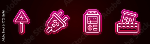 Set line High voltage sign, Radiation electrical plug, Dosimeter and Radioactive waste in barrel. Glowing neon icon. Vector