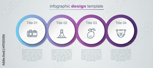 Set line Photo camera, Volcano eruption, Lemon and Tiger head. Business infographic template. Vector