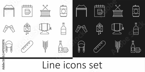 Set line Beer bottle and glass, Musical drum sticks, Retro wall watch, Glass of beer, Camping tent, Wooden barrel on rack and Saint Patricks day calendar icon. Vector