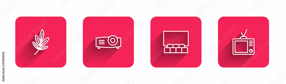 Set line Movie trophy, Movie, film, media projector, Cinema auditorium with screen and Retro tv with long shadow. Red square button. Vector Set line Movie trophy, Movie, film, media projector, Cinema auditorium with screen and Retro tv with long shadow. Red square button. Vector