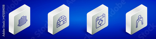 Set Isometric line Stack of pancakes, Igloo ice house, Canada day with maple leaf and Winter hat icon. Vector