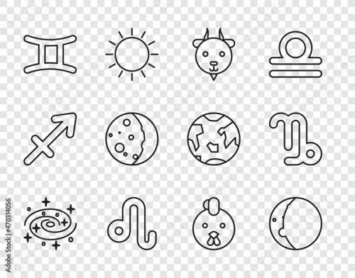 Set line Milky way spiral galaxy, Eclipse of the sun, Aries zodiac, Leo, Gemini, Rooster and Capricorn icon. Vector