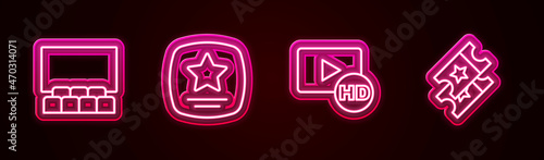Set line Cinema auditorium with screen, Walk of fame star, Hd movie, tape, frame and ticket. Glowing neon icon. Vector