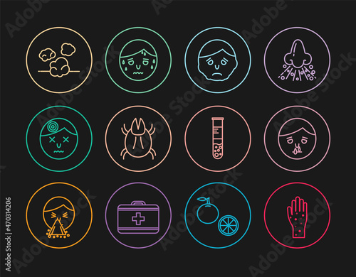 Set line Hand with psoriasis or eczema, Runny nose, Inflammation on face, Parasite mite, Man having headache, Dust, Test tube flask and excessive sweating icon. Vector