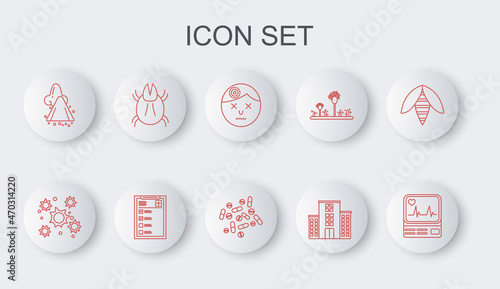 Set line Monitor with cardiogram, Bacteria, Man having headache, Medical hospital building, Runny nose, Parasite mite, Clinical record and Medicine pill tablet icon. Vector