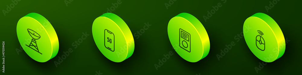 Set Isometric line Satellite dish, Mobile with 5G, Music player and Wireless computer mouse icon. Vector Set Isometric line Satellite dish, Mobile with 5G, Music player and Wireless computer mouse icon. Vector