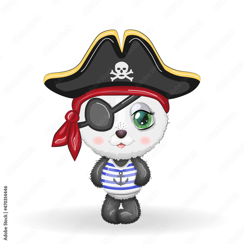 Panda pirate, cartoon character of the game, wild bear in a bandana and a cocked hat with a skull, with an eye patch. Character with bright eyes