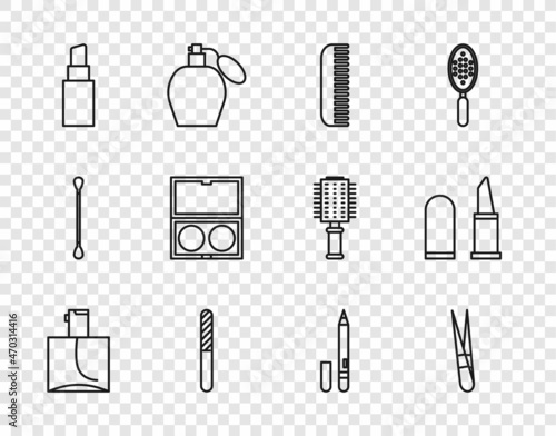 Set line Perfume, Eyebrow tweezers, Hairbrush, Nail file, Lipstick, Makeup powder with mirror, Eyeliner, eyebrow and icon. Vector