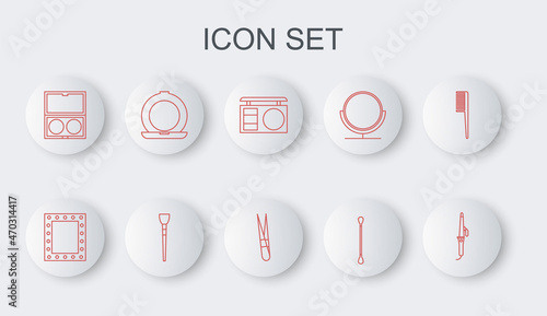 Set line Curling iron, Makeup mirror with lights, Eye shadow palette, Cotton swab for ears, powder, brush and Eyebrow tweezers icon. Vector