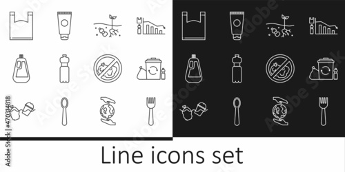Set line Disposable plastic fork, Recycle bin with recycle, Problem of pollution planet, Bottle water, dishwashing liquid, Plastic bag, No trash and Cream cosmetic tube icon. Vector