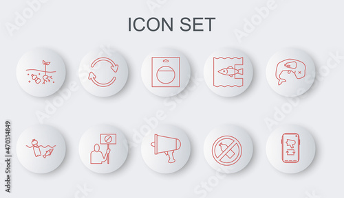 Set line Megaphone on mobile, Problem pollution of the ocean, Battery in pack, No plastic bottle, planet, Refresh, Nature saving protest and Spread word, megaphone icon. Vector