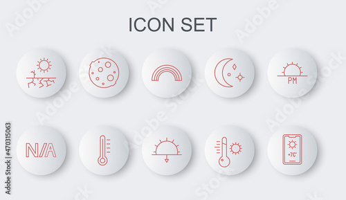Set line Weather forecast, Not applicable, Rainbow, Meteorology thermometer, Drought, Moon, and Sunset icon. Vector