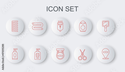 Set line Barbershop, Cream or lotion cosmetic tube, Electrical hair clipper shaver, Scissors hairdresser, Hairbrush, Towel, Bottle of shampoo and icon. Vector