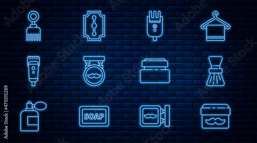 Set line Cream or lotion cosmetic jar, Shaving brush, Electrical hair clipper shaver, Barbershop, Hairbrush, tube and Blade razor icon. Vector