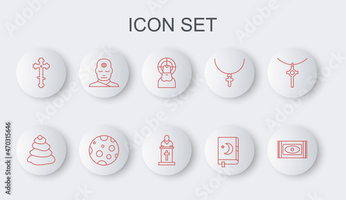 Set line Traditional carpet, Stack hot stones, Jesus Christ, Holy book of Koran, Christian cross, Man with third eye, Moon and Church pastor preaching icon. Vector