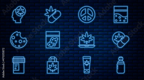 Set line Marijuana or cannabis olive oil, Herbal ecstasy tablets, Peace, Plastic bag of, Cookies with marijuana, Head, Laptop and and Medical pills icon. Vector