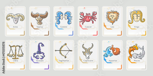 Set of zodiac astrology horoscope card. Vector illustration of constellations signs for divination