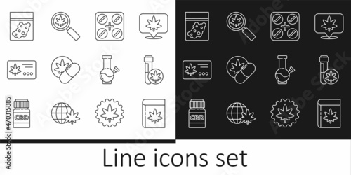 Set line Book and marijuana or cannabis, Chemical test tube with, Medical pills, Herbal ecstasy tablets, Calendar leaf, Plastic bag of, Glass bong for smoking and Magnifying glass icon. Vector