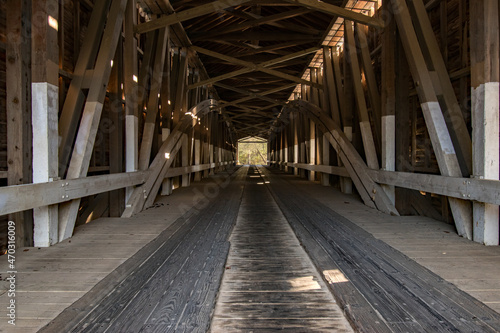 Wide angled view of the Interior of the Jackson covered bridge in Parke County, Indiana