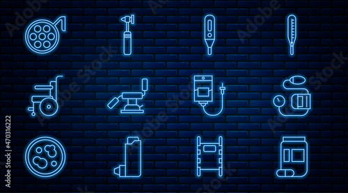 Set line Medicine bottle and pills, Blood pressure, Medical digital thermometer, dental chair, Wheelchair for disabled person, Surgery lamp, IV bag and otoscope tool icon. Vector