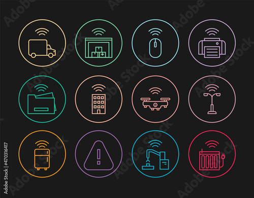 Set line Smart heating radiator, street light, Wireless mouse, home with wireless, printer, truck, drone and warehouse icon. Vector
