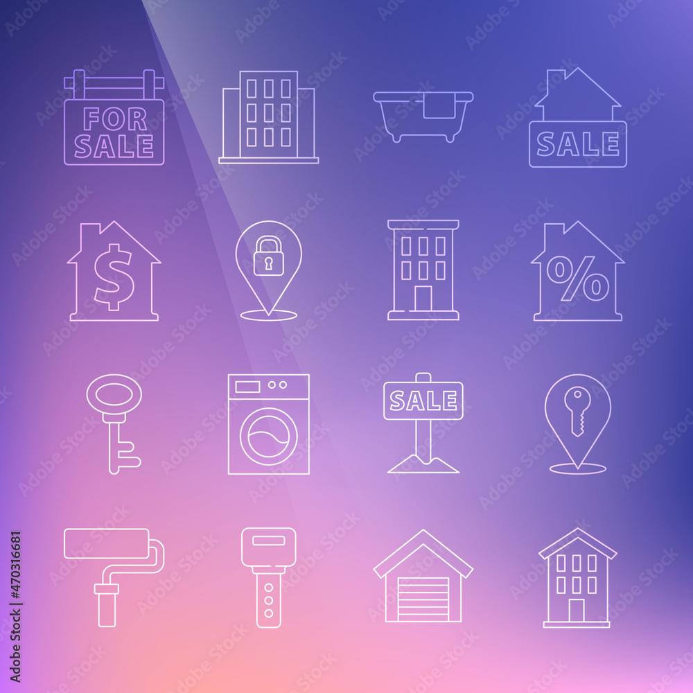 Set line House, Location key, with percant discount, Bathtub, lock, dollar symbol, Hanging sign For Sale and icon. Vector