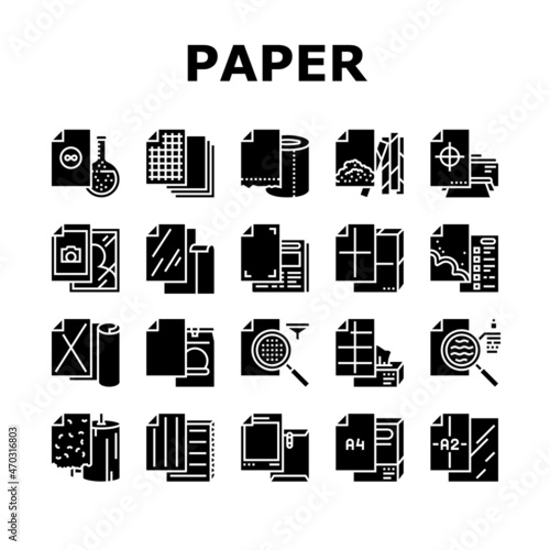 Paper List For Printing Poster Icons Set Vector. Filter And Tissue Paper, Photographic And With Watermarked, For Wrapping Tobacco Make Cigarette A2 A4 Format Sheet Glyph Pictograms Black Illustrations