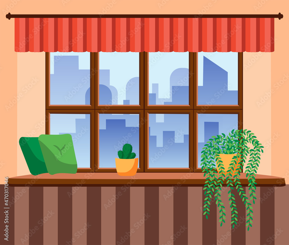 Flat style window with flowers, cat, pillows, curtains. View from the window, City and skyscraper, forest, trees, nature. Flat style window with flowers, cat, pillows, curtains. View from the window, City and skyscraper, forest, trees, nature.