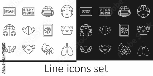 Set line Lungs, Medical protective mask, Earth with medical, Bar of soap, Virus statistics on monitor and Stay home icon. Vector