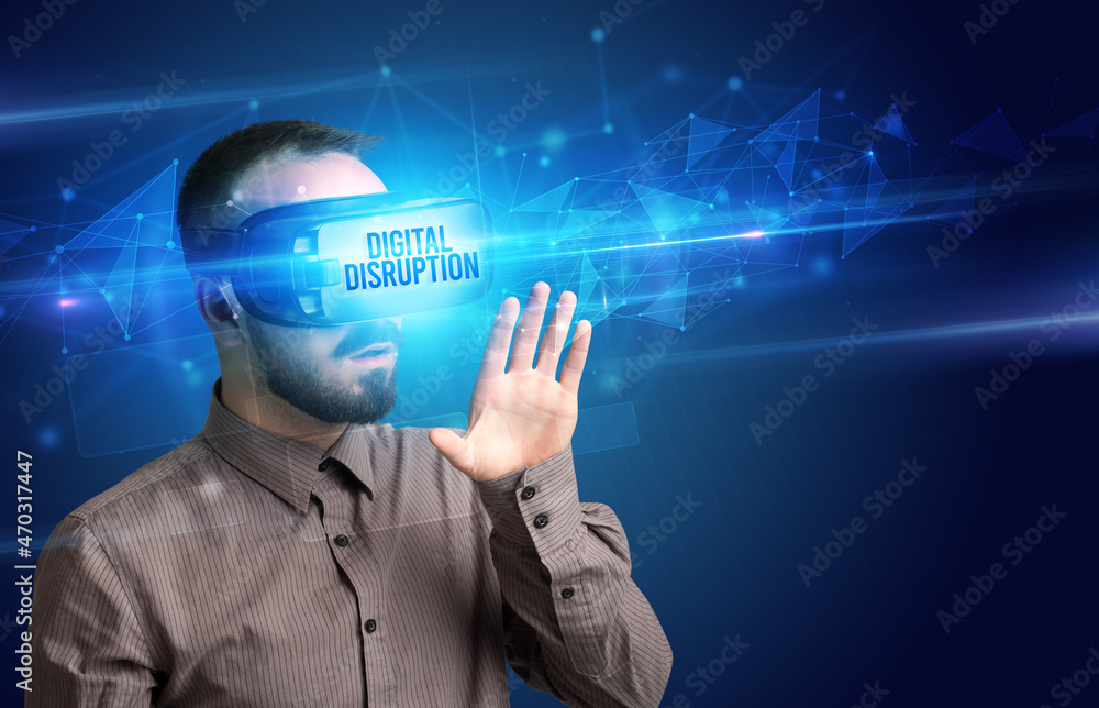 Businessman looking through Virtual Reality glasses, virtual security concept Businessman looking through Virtual Reality glasses, virtual security concept