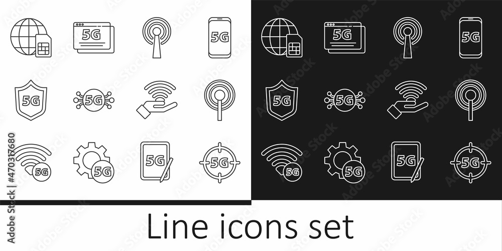Set line 5G network, Antenna, Protective shield, Globe Sim Card, and icon. Vector