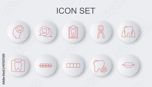 Set line Smiling lips, X-ray of tooth, Dental card, Tooth with caries, Human head, Teeth braces and Dentures model icon. Vector