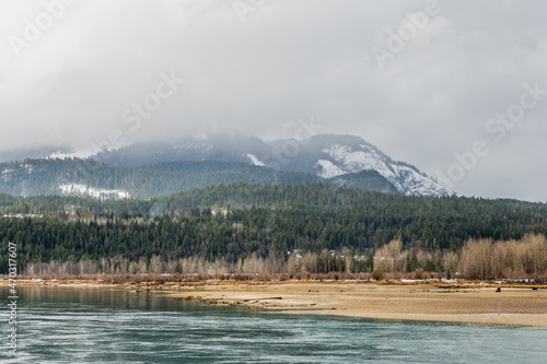 Columbia river near Revelstoke British Columbia mountains in background