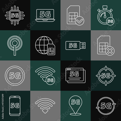 Set line 5G network, Sim card rejected, Globe Card, Antenna, Processor and modem icon. Vector