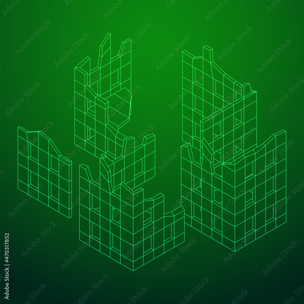 Destroyed building ruin and concrete, war destruction concept. Wireframe low poly mesh vector illustration. Destroyed building ruin and concrete, war destruction concept. Wireframe low poly mesh vector illustration.