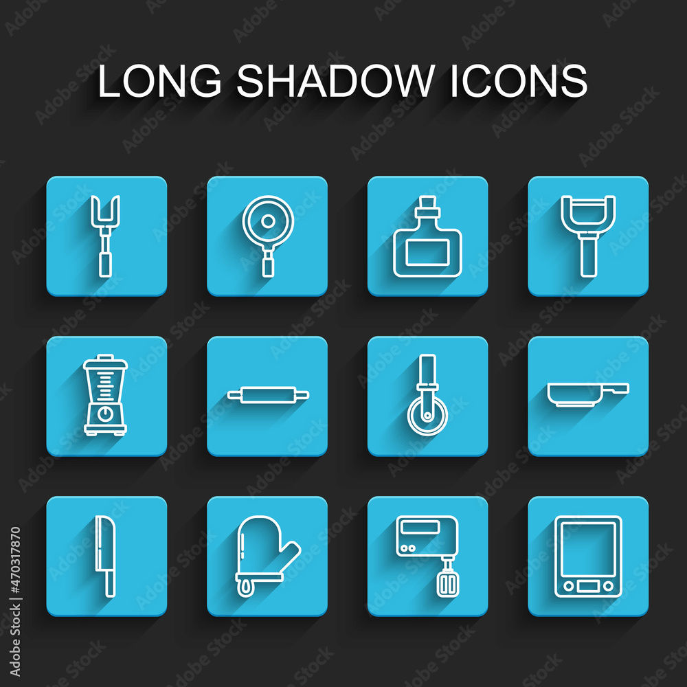 Set line Knife, Oven glove, Barbecue fork, Electric mixer, Electronic scales, Rolling pin, Frying pan and Pizza knife icon. Vector Set line Knife, Oven glove, Barbecue fork, Electric mixer, Electronic scales, Rolling pin, Frying pan and Pizza knife icon. Vector