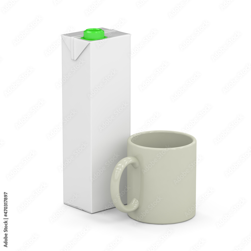 Juice or milk box with mug are isolated on white background. 3D Illustration. Juice or milk box with mug are isolated on white background. 3D Illustration.