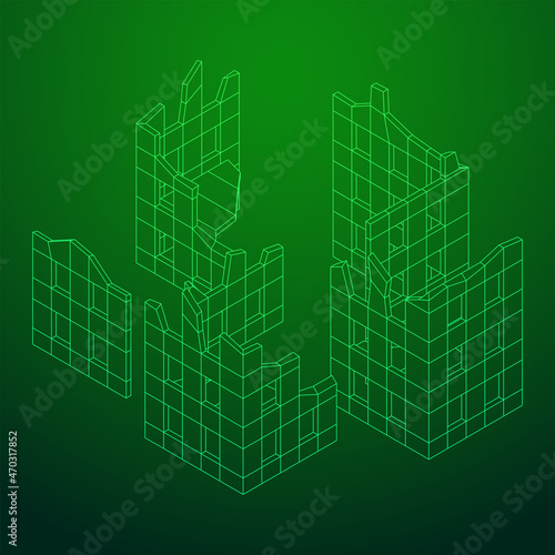 Destroyed building ruin and concrete, war destruction concept. Wireframe low poly mesh vector illustration.