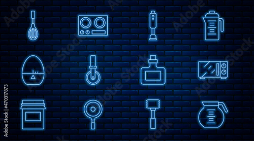 Set line Coffee pot, Microwave oven, Blender, Pizza knife, Kitchen timer, whisk, Sauce bottle and Gas stove icon. Vector