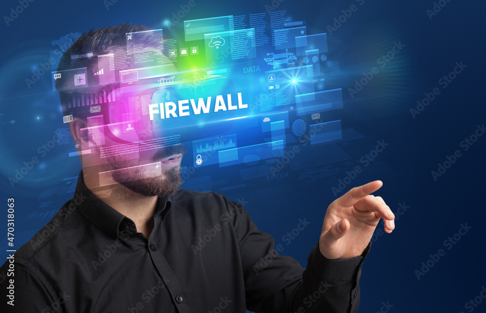 Businessman looking through Virtual Reality glasses Businessman looking through Virtual Reality glasses