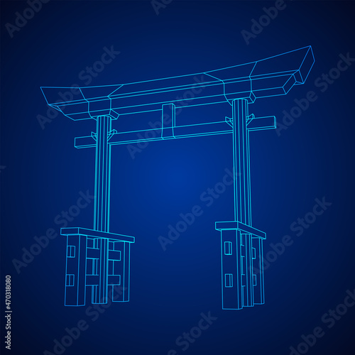 Torii sacred traditional gate. Symbol of Japan,shintoism religion. Japanese Tori arch ancient entrance. Wireframe low poly mesh vector illustration