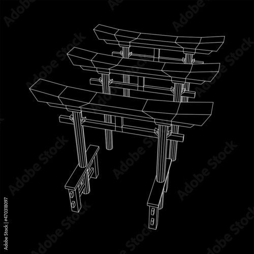 Torii sacred traditional gate. Symbol of Japan,shintoism religion. Japanese Tori arch ancient entrance. Wireframe low poly mesh vector illustration