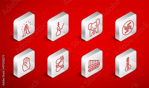 Set line Sitar, Hookah, Elephant, Hindu swastika, Pan flute, Hands praying position, Tandoori chicken and Indian symbol hand icon. Vector