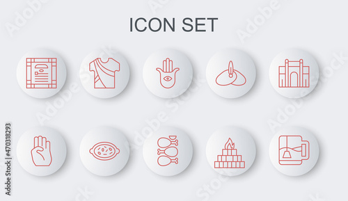 Set line Cup of tea with tea bag, Indian symbol hand, Hamsa, Yagna, constitution day, man dress, Kheer in bowl and Tandoori chicken icon. Vector