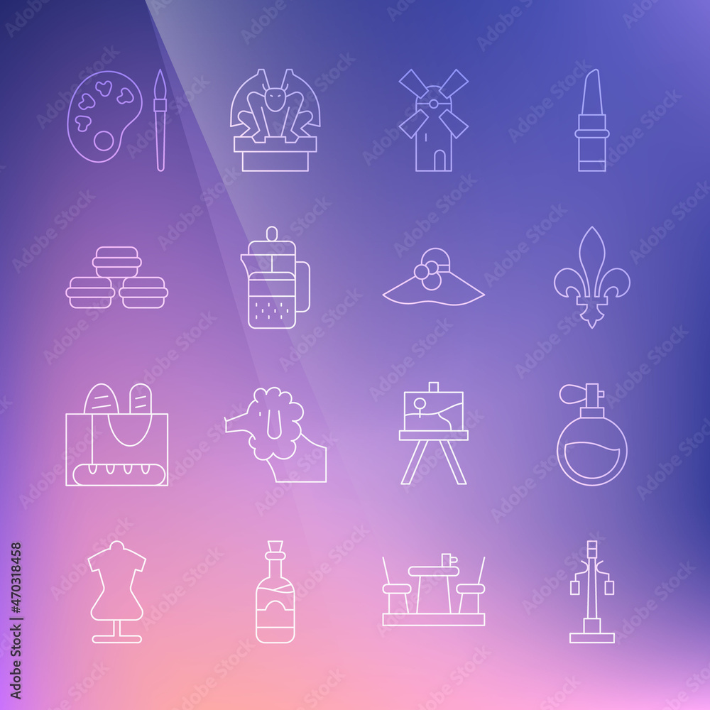Set line Street light, Perfume, Fleur De Lys, Windmill, French press, Macaron cookie, Paint brush with palette and Elegant women hat icon. Vector Set line Street light, Perfume, Fleur De Lys, Windmill, French press, Macaron cookie, Paint brush with palette and Elegant women hat icon. Vector