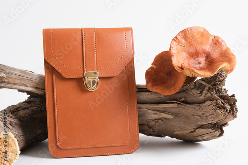 brown bag and mushrooms on driftwood, gray background, eco leather from mushroom mycelium photo