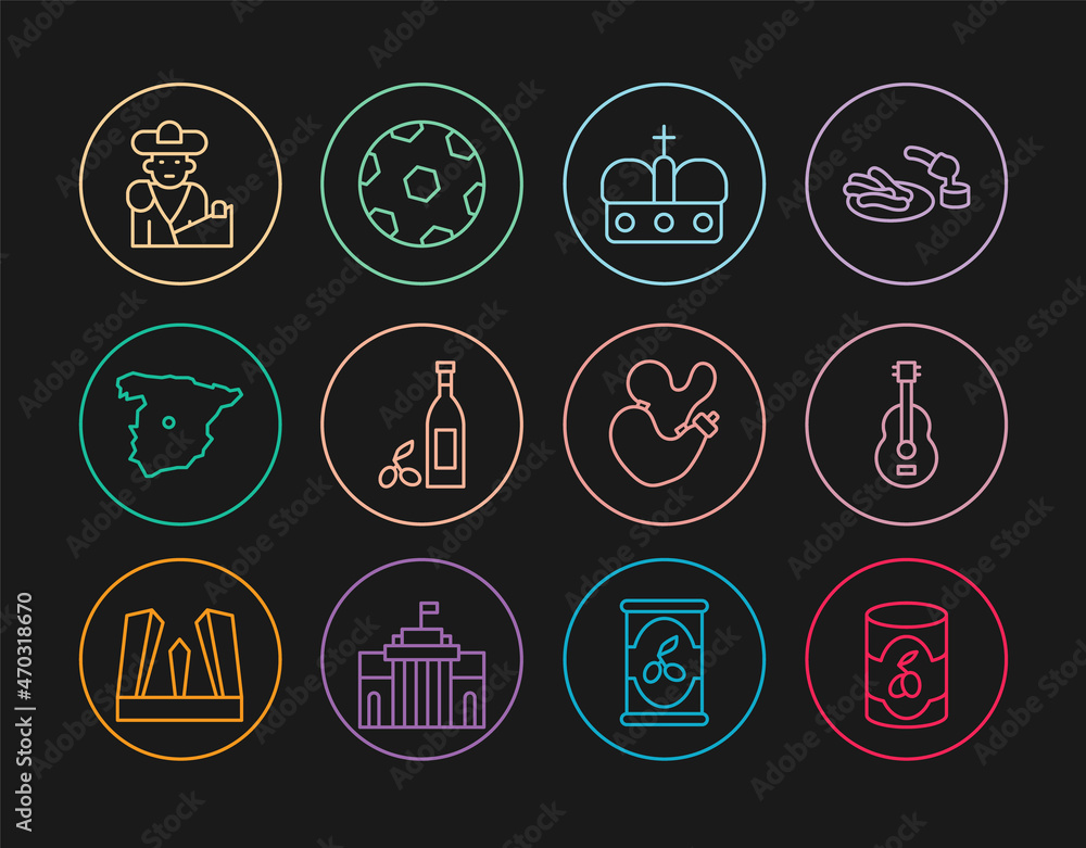 Set line Olives in can, Spanish guitar, Crown of spain, Bottle olive oil, Map Spain, Bullfight, matador, wineskin and Football ball icon. Vector Set line Olives in can, Spanish guitar, Crown of spain, Bottle olive oil, Map Spain, Bullfight, matador, wineskin and Football ball icon. Vector