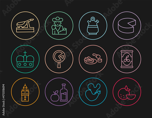 Set line Orange fruit, Olives in can, Sangria pitcher, Omelette frying pan, Crown of spain, Spanish jamon, Churros and chocolate and Bullfight, matador icon. Vector