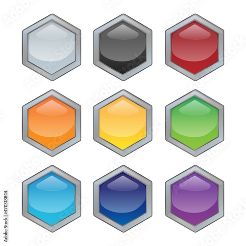 Set of bright blank buttons. Metalic frames for skills or elements of user interface for mobile games
